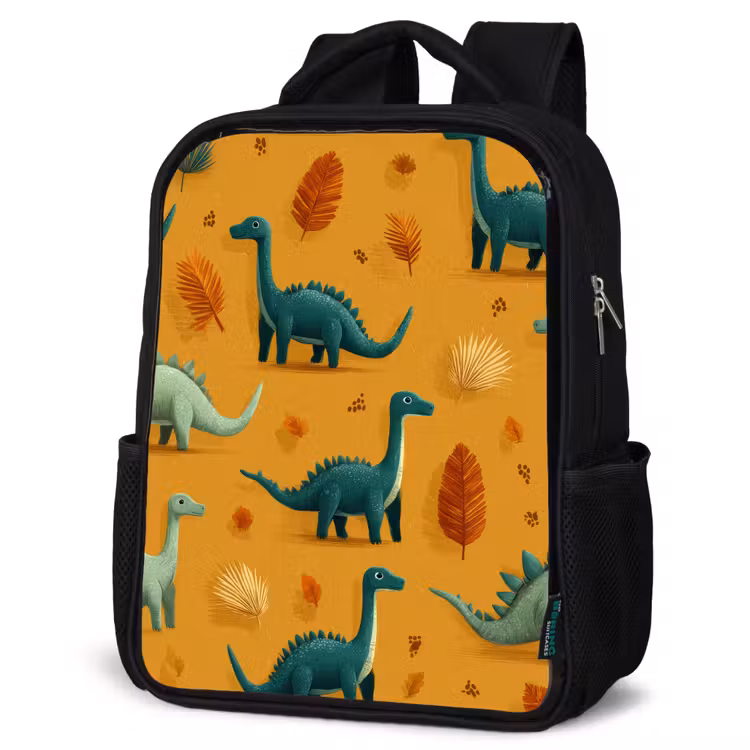 Dinosaurussen - Stekels - Herfstbladeren - Bruin Rugzak - Zwart middel -schuin