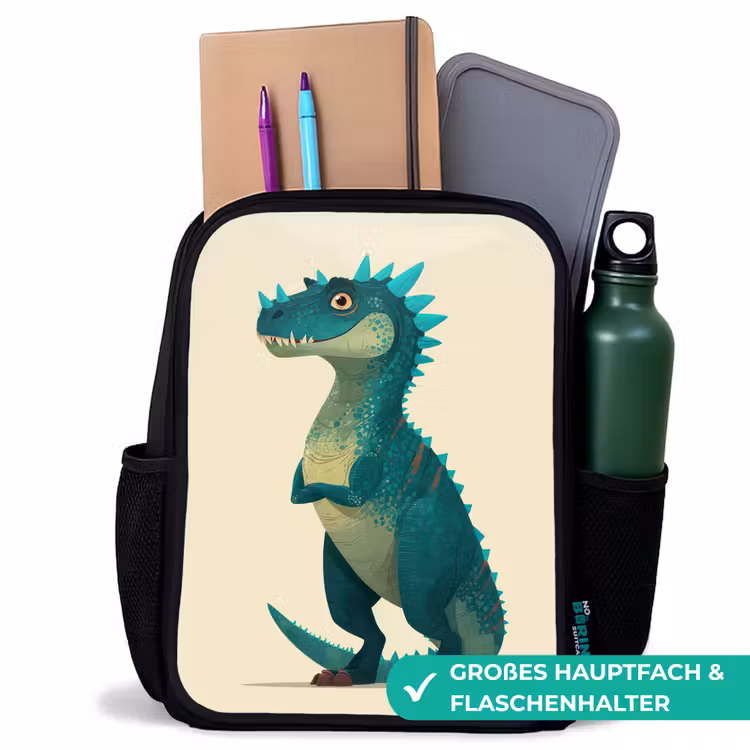 Dinosaurus - Turquoise - Stekels Rugzak - Zwart middel -inhoud_DE