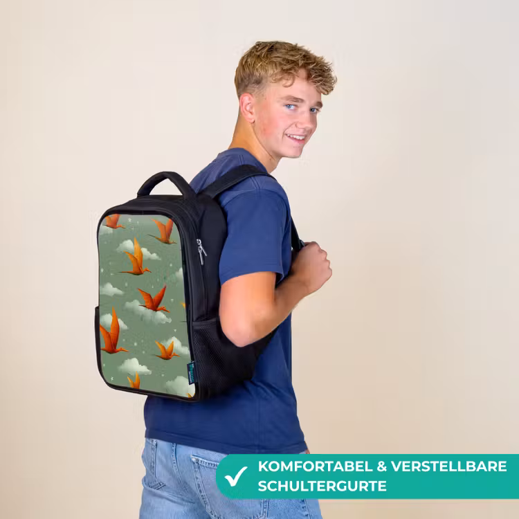 Dinosaurussen - Wolken - Sterren - Oranje Rugzak - Zwart middel -sfeer9_DE