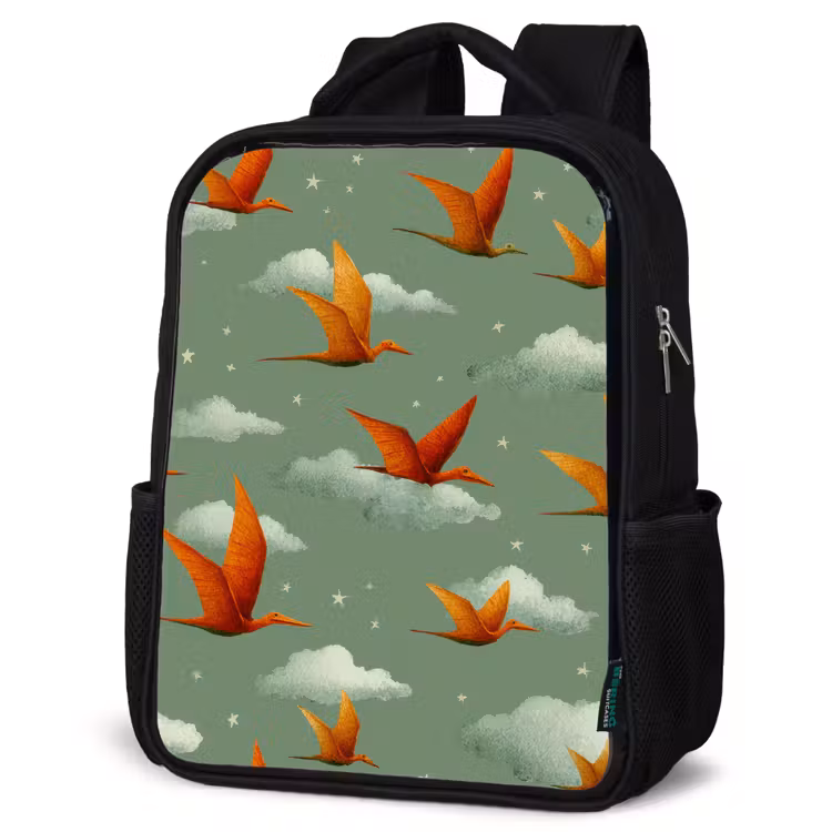 Dinosaurussen - Wolken - Sterren - Oranje Rugzak - Zwart middel -schuin