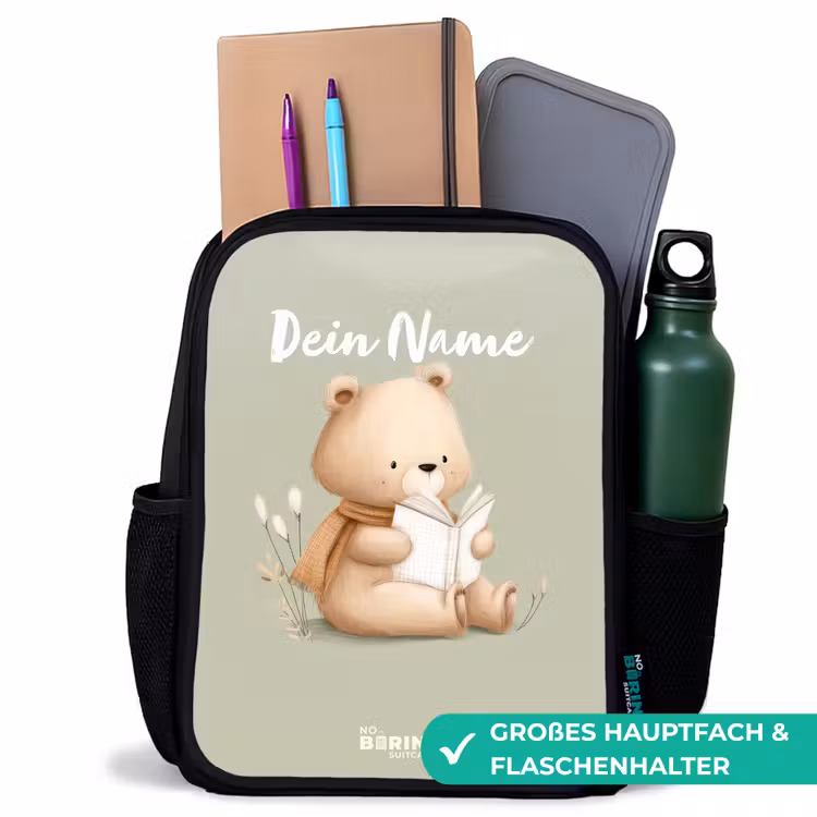 Een bruine beer met een boek - Groen Rugzak - Zwart middel -inhoud_DE