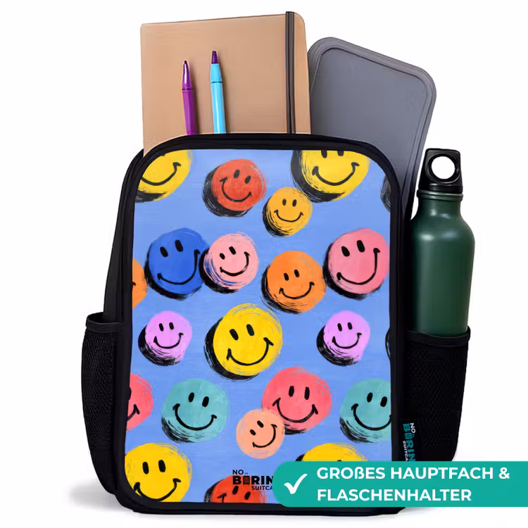 Een speels en kunstzinnig patroon van kleurrijke smileys Rugzak - Zwart middel -inhoud_DE