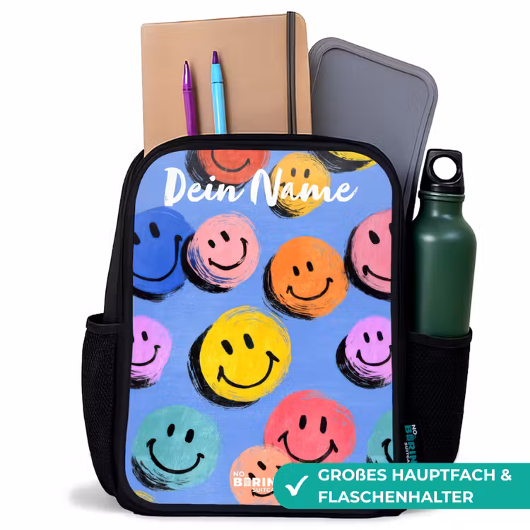 Een speels en kunstzinnig patroon van kleurrijke smileys Rugzak - Zwart middel -inhoud_DE