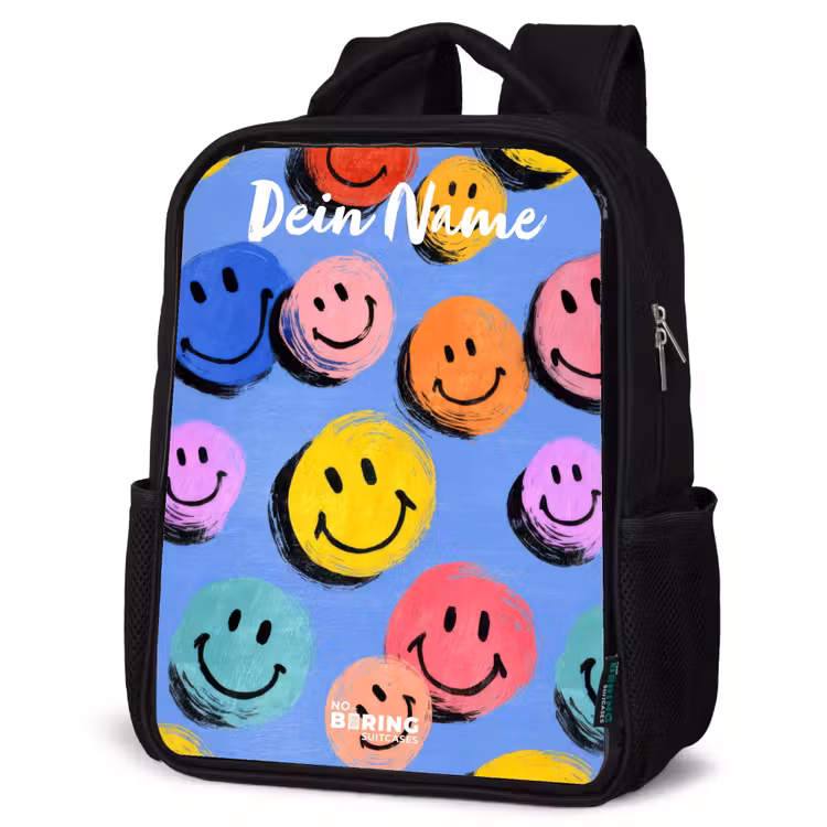 Een speels en kunstzinnig patroon van kleurrijke smileys Rugzak - Zwart middel -schuin