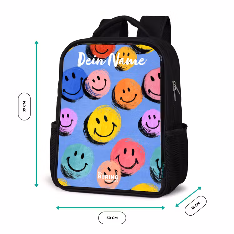 Een speels en kunstzinnig patroon van kleurrijke smileys Rugzak - Zwart middel -productfoto_formaten