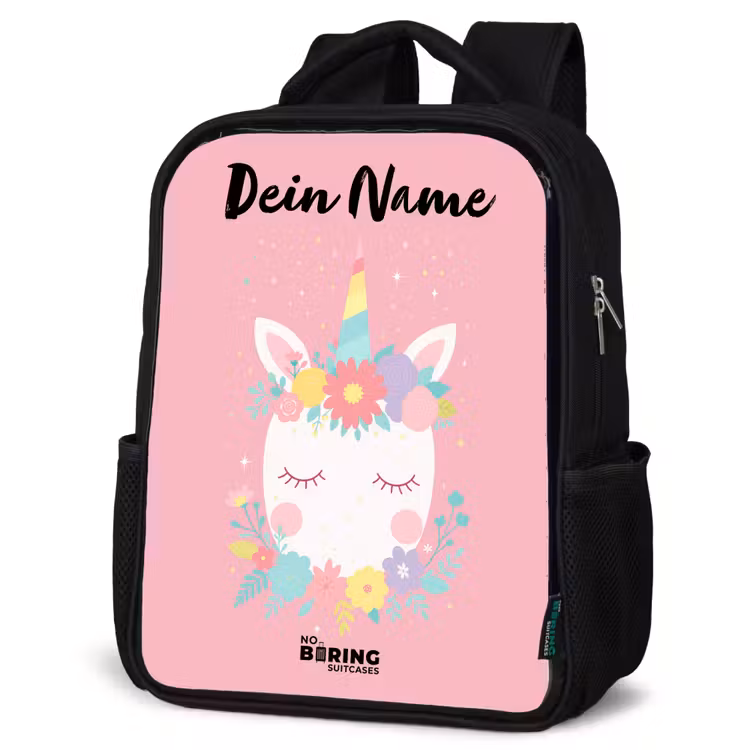 Eenhoorn - Bloemen - Roze Rugzak - Zwart middel -schuin