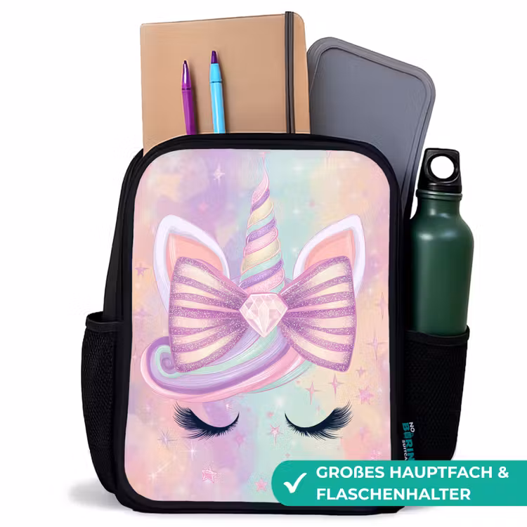Eenhoorn - Glitters - Regenboog - Pastel Rugzak - Zwart middel -inhoud_DE