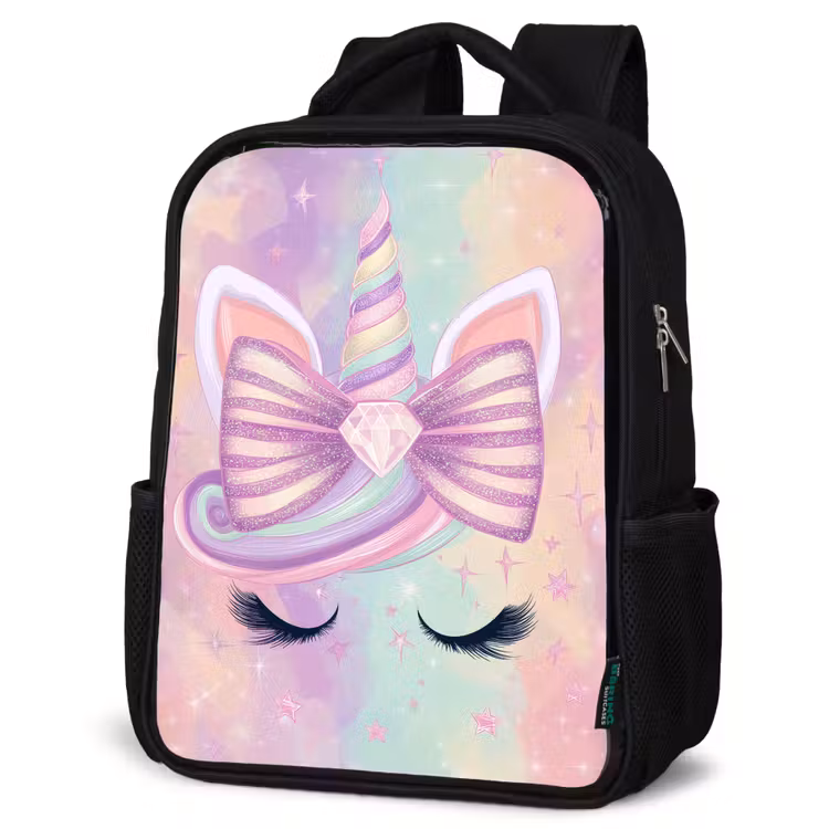Eenhoorn - Glitters - Regenboog - Pastel Rugzak - Zwart middel -schuin