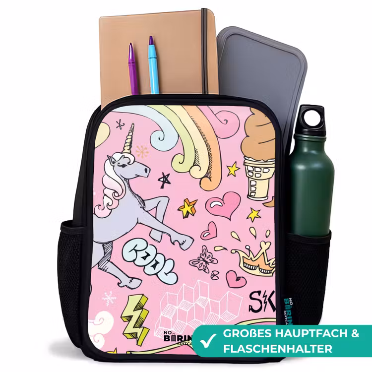 Unicorn doodles Rugzak - Zwart middel -inhoud_DE