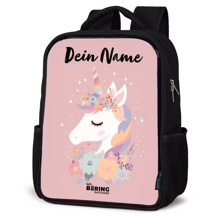 Eenhoorn - Roze - Bloemen Rugzak - Zwart middel -schuin