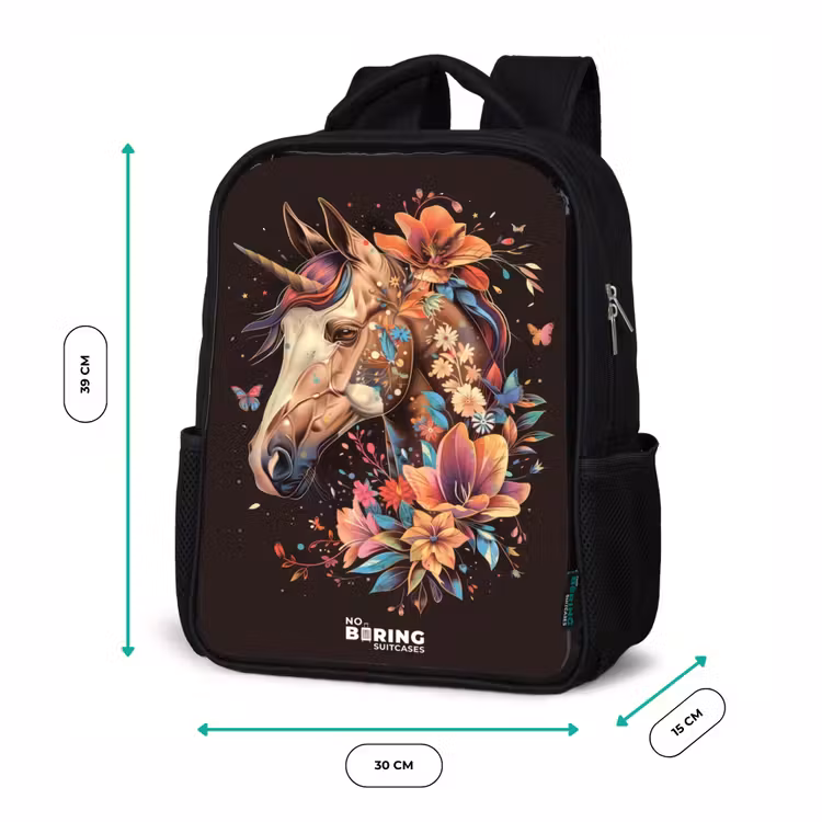 Eenhoorn en Bloemen op Zwarte Achtergrond Rugzak - Zwart middel -productfoto_formaten