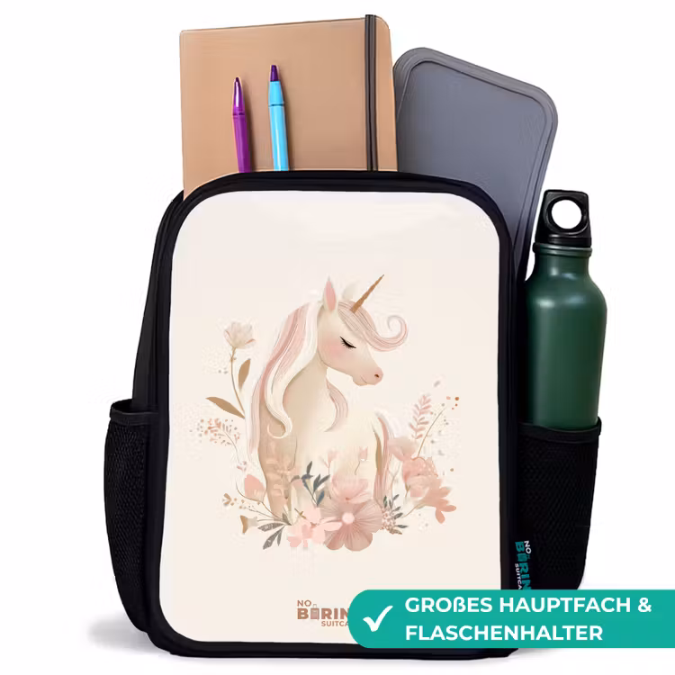 Eenhoorn tussen bloemen in roze pastel kleuren Rugzak - Zwart middel -inhoud_DE