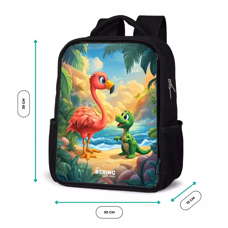 Flamingo en dinosaurus op strand bij ondergaande zon Rugzak - Zwart middel -productfoto_formaten