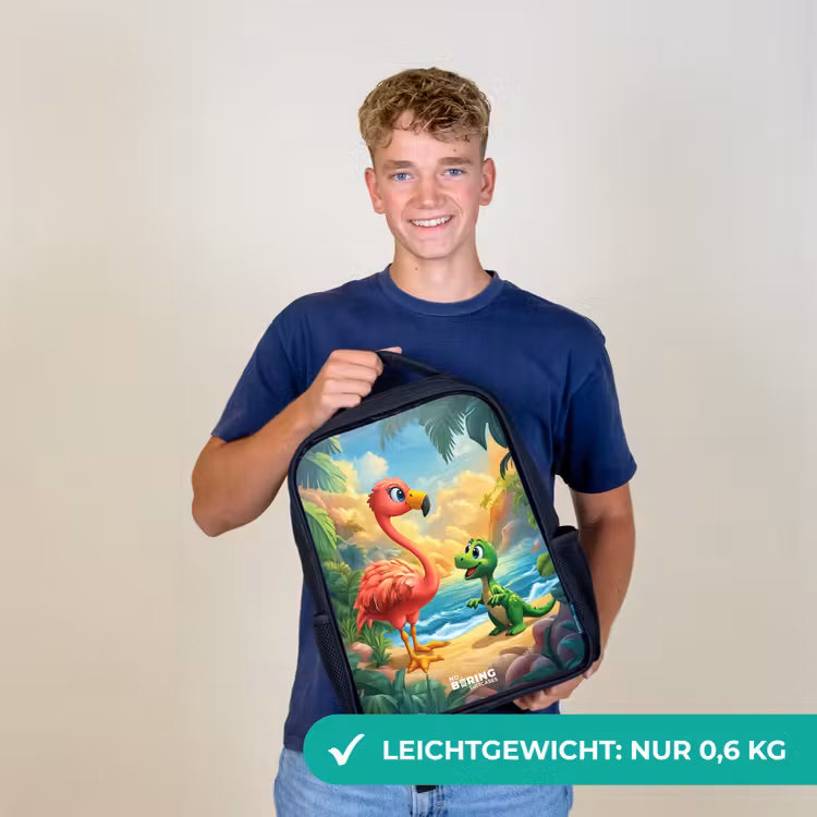 Flamingo en dinosaurus op strand bij ondergaande zon Rugzak - Zwart middel -sfeer7_DE