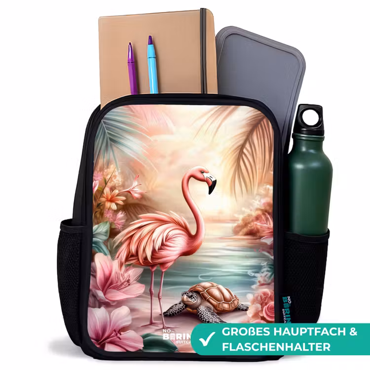Flamingo en schildpad op een roze strand. Rugzak - Zwart middel -inhoud_DE