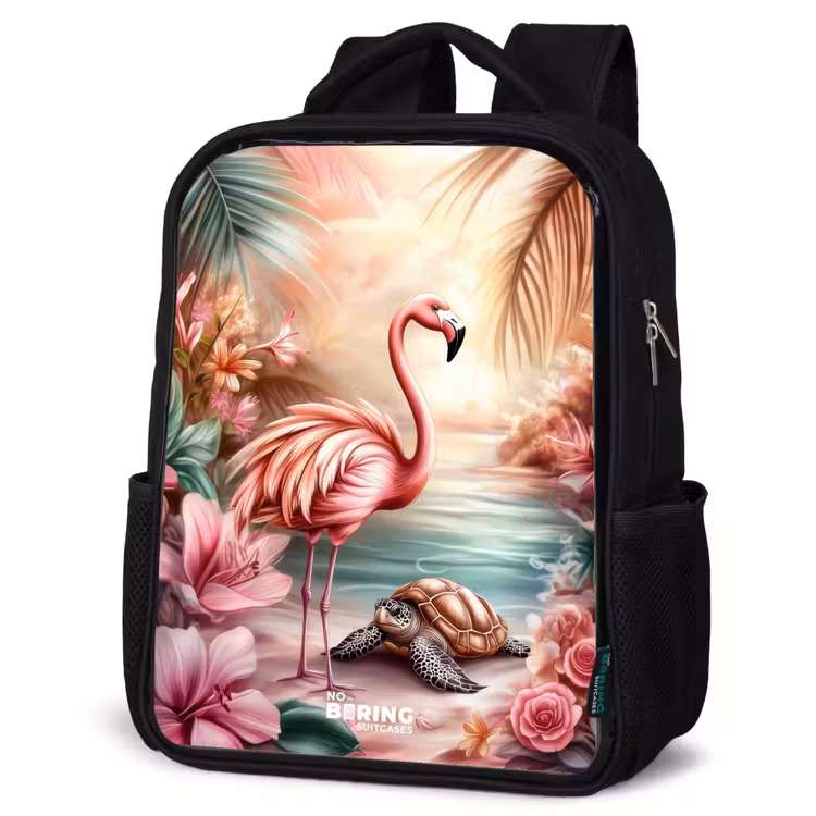 Flamingo en schildpad op een roze strand. Rugzak - Zwart middel -schuin