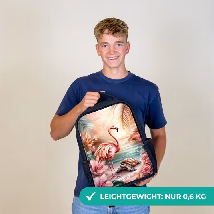 Flamingo en schildpad op een roze strand. Rugzak - Zwart middel -sfeer7_DE
