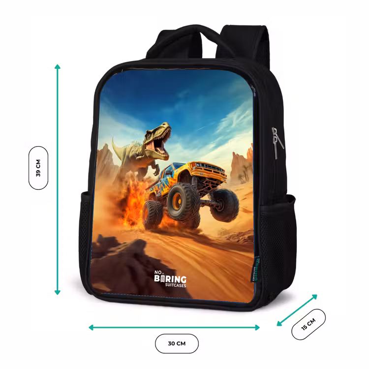 Vluchtende truck voor T-Rex in vurige woestijn Rugzak - Zwart middel -productfoto_formaten