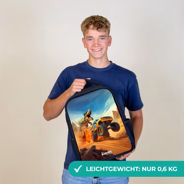 Vluchtende truck voor T-Rex in vurige woestijn Rugzak - Zwart middel -sfeer7_DE