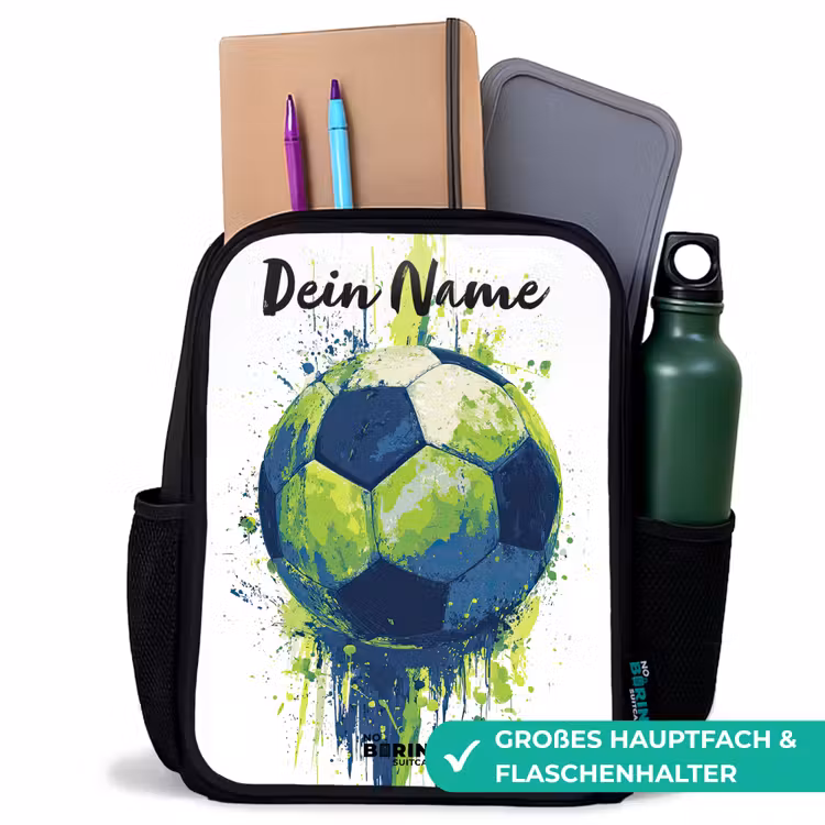 Voetbalvibes - Verf - Groen - Blauw Rugzak - Zwart middel -inhoud_DE