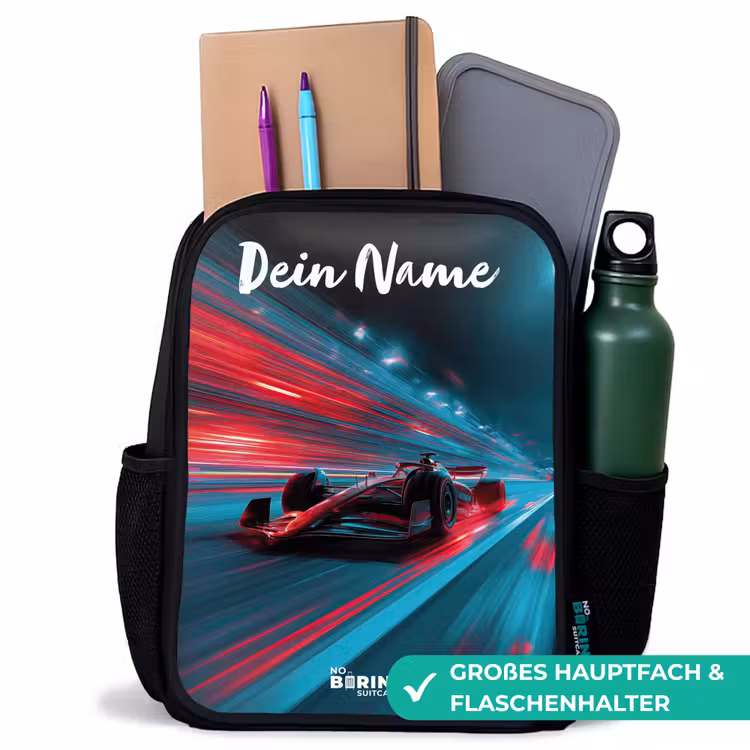 Formule 1 - Raceauto - Rood - Neonverlichting Rugzak - Zwart middel -inhoud_DE