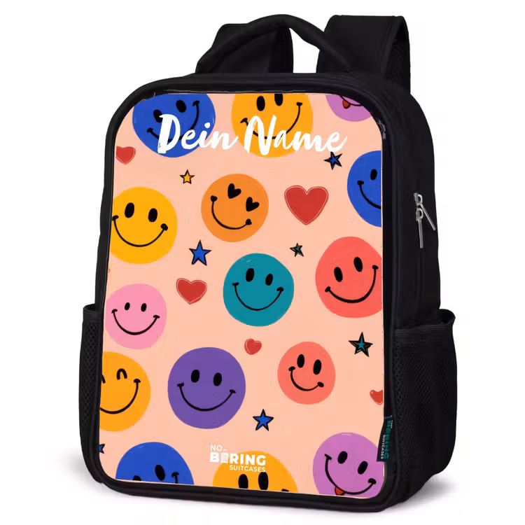 Vrolijk Smiley-patroon Rugzak - Zwart middel -schuin