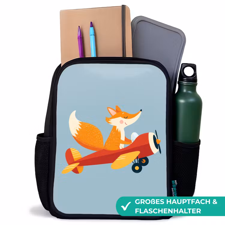 Vos - Vliegtuig - Blauw Rugzak - Zwart middel -inhoud_DE