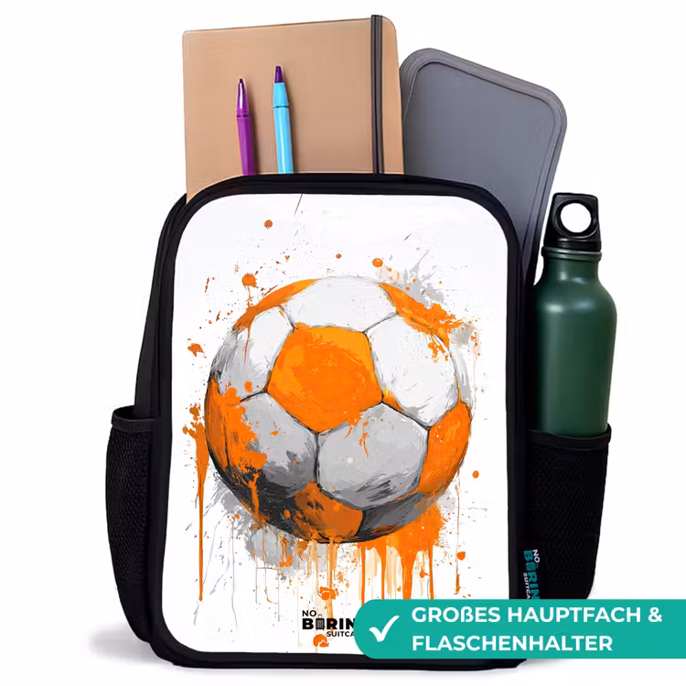 Voetbal - Verf - Oranje Rugzak - Zwart middel -inhoud_DE