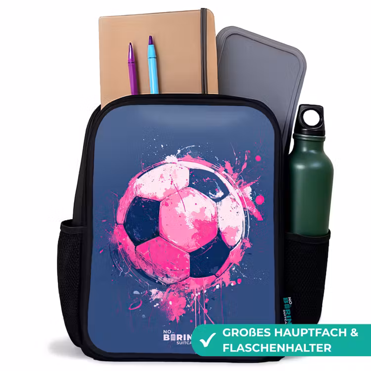 Voetbal - Verf - Roze - Blauw Rugzak - Zwart middel -inhoud_DE