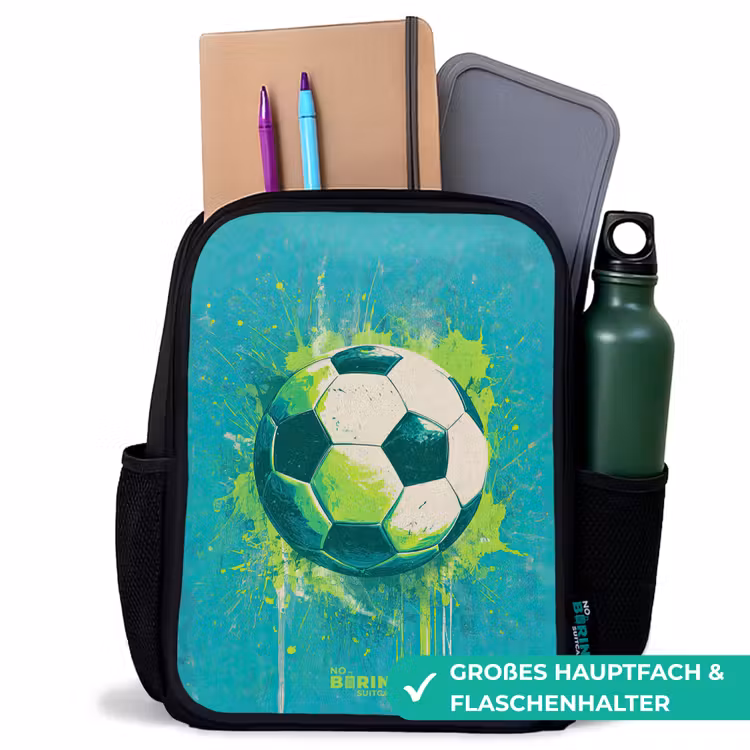 Voetbal - Verfspatten - Groen - Blauw Rugzak - Zwart middel -inhoud_DE
