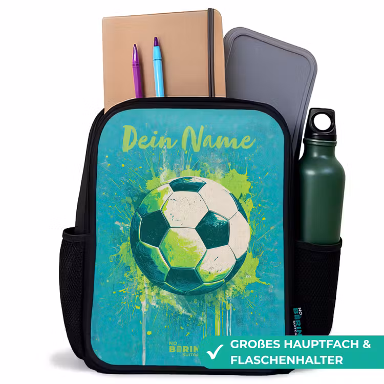 Voetbalvibes - Verfspatten - Groen - Blauw Rugzak - Zwart middel -inhoud_DE