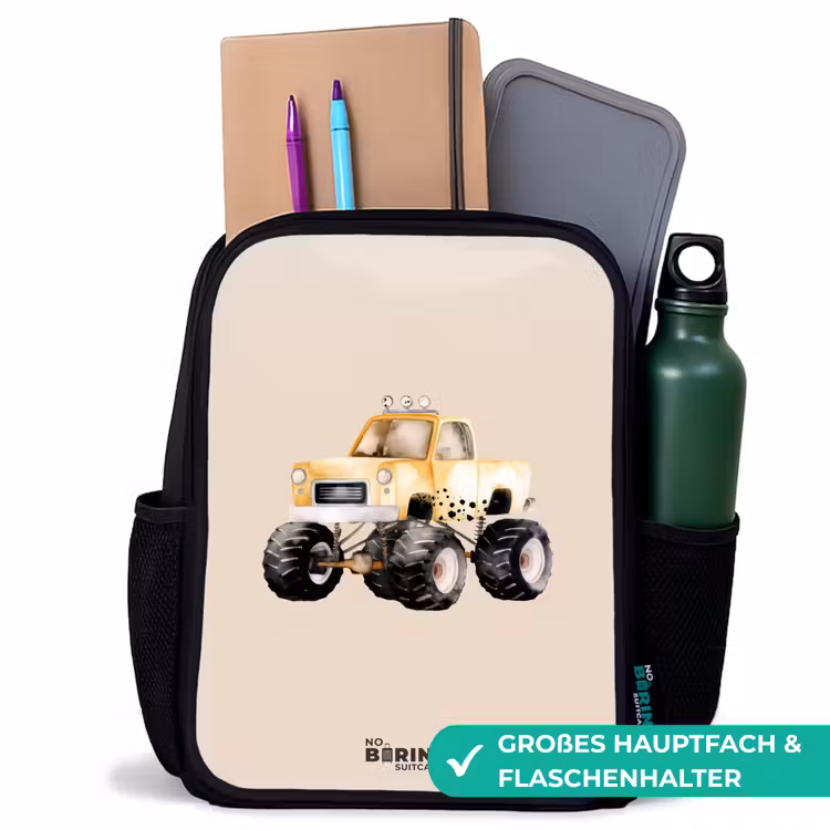 Gele monstertruck op een beige achtergrond Rugzak - Zwart middel -inhoud_DE