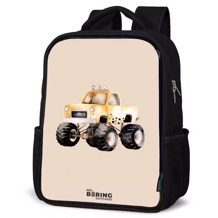 Gele monstertruck op een beige achtergrond Rugzak - Zwart middel -schuin