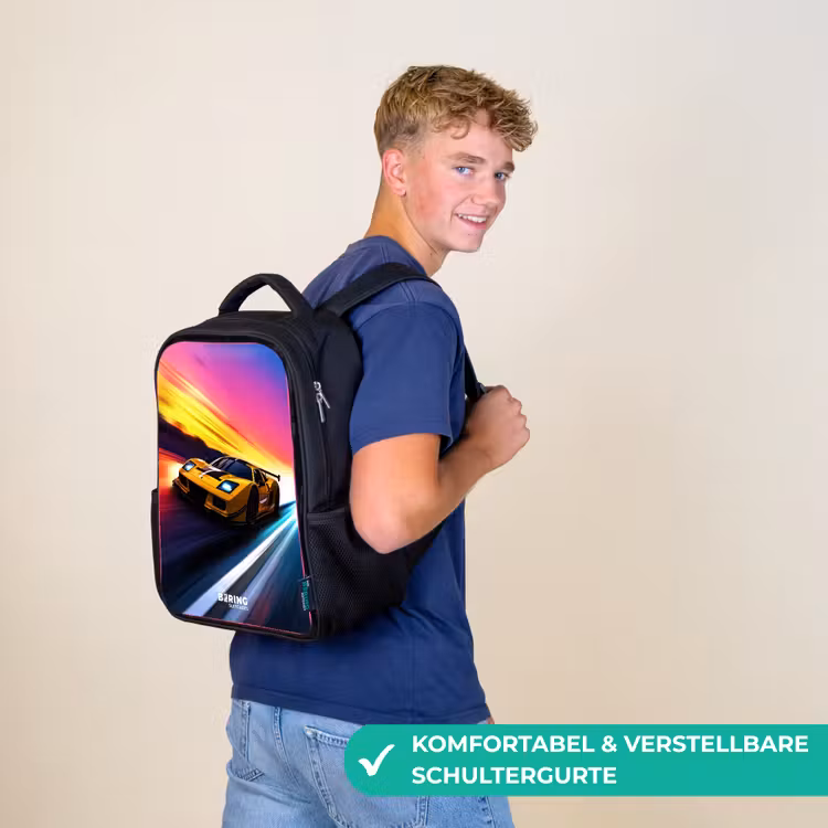 Gele raceauto bij kleurrijke zonsondergang Rugzak - Zwart middel -sfeer9_DE
