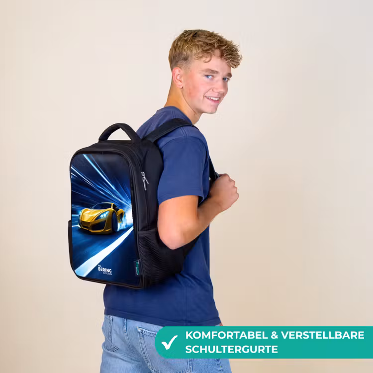 Gele sportwagen in lichttunnel van snelheid Rugzak - Zwart middel -sfeer9_DE