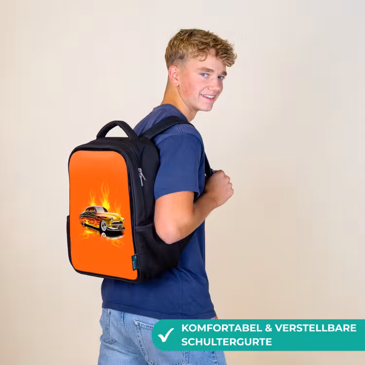 Gele auto met gele vlammen Rugzak - Zwart middel -sfeer9_DE