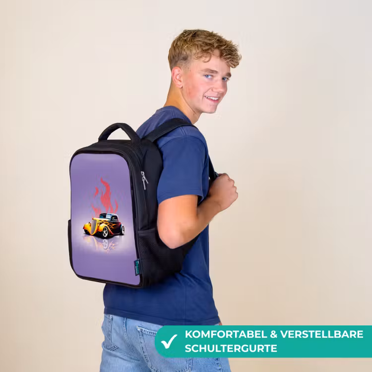 Gele auto met roze vlammen Rugzak - Zwart middel -sfeer9_DE