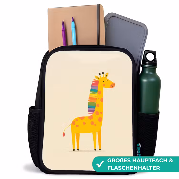 Giraffe - Regenboogmanen - Beige Rugzak - Zwart middel -inhoud_DE