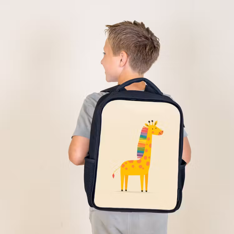 Giraffe - Regenboogmanen - Beige Rugzak - Zwart middel -sfeer2