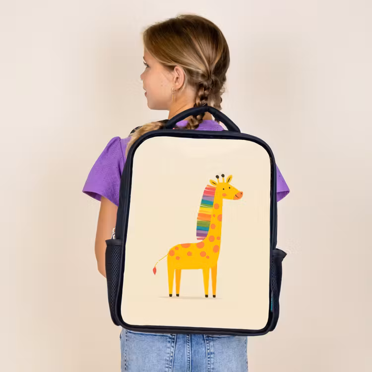 Giraffe - Regenboogmanen - Beige Rugzak - Zwart middel -sfeer5