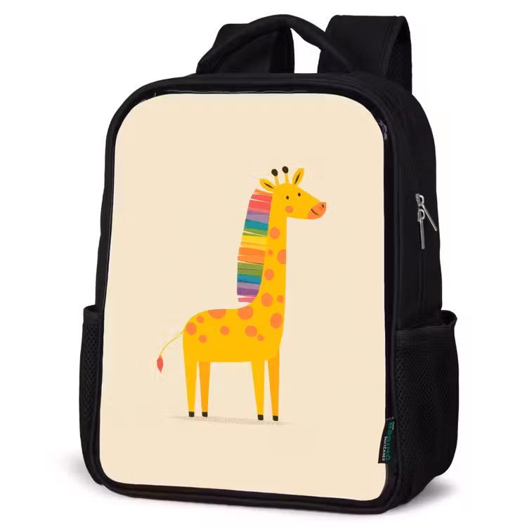 Giraffe - Regenboogmanen - Beige Rugzak - Zwart middel -schuin