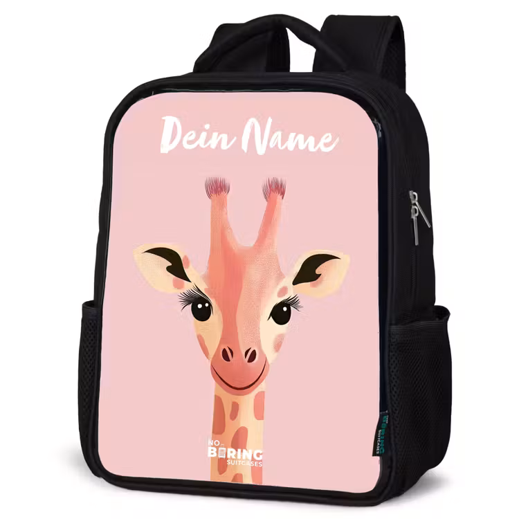 Giraffe - Wimpers - Minimalistisch - Roze Rugzak - Zwart middel -schuin