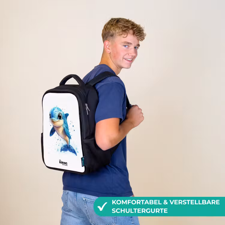 Blije dolfijn met waterdruppels op wit Rugzak - Zwart middel -sfeer9_DE