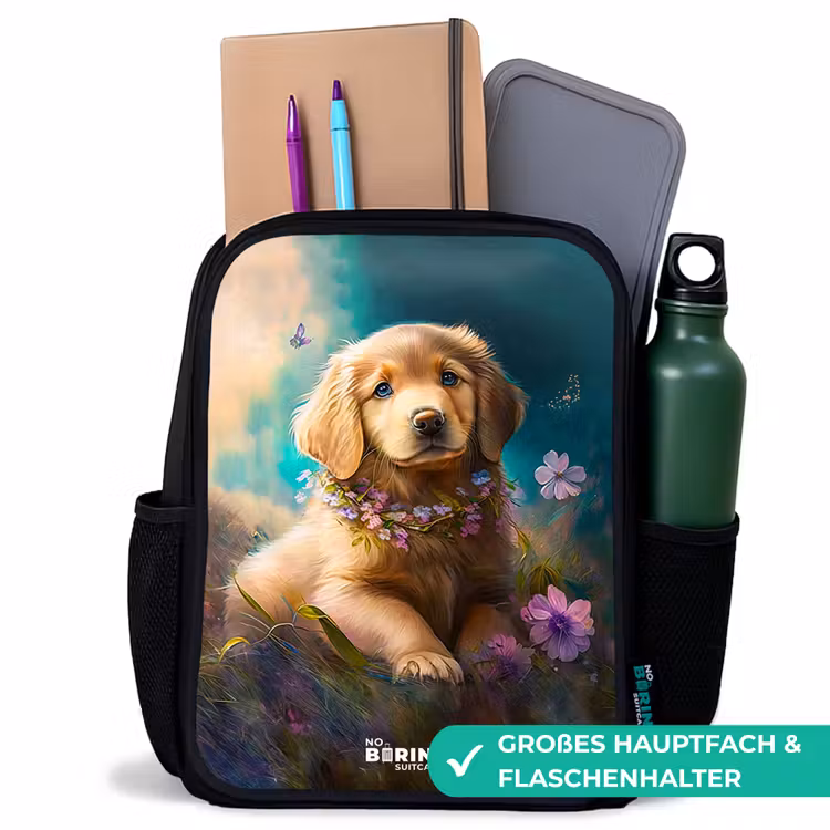 Goudkleurige puppy in het gras Rugzak - Zwart middel -inhoud_DE