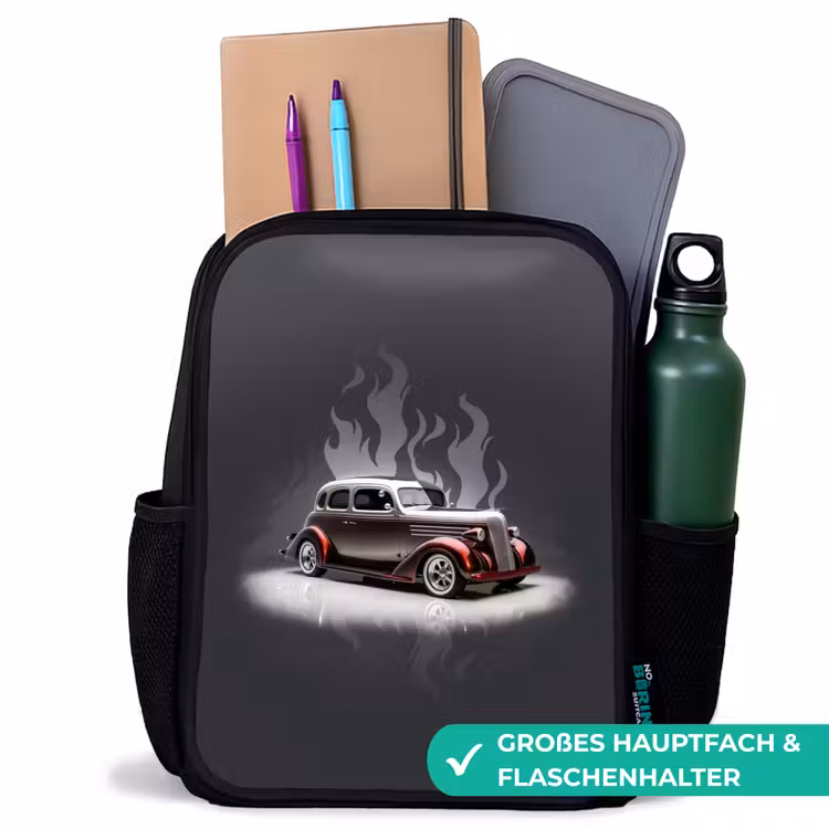 Grijze auto met grijze vlammen Rugzak - Zwart middel -inhoud_DE