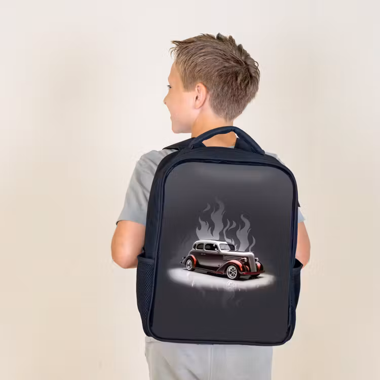 Grijze auto met grijze vlammen Rugzak - Zwart middel -sfeer2