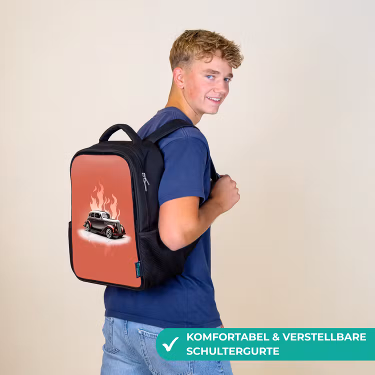Grijze auto met roze vlammen Rugzak - Zwart middel -sfeer9_DE