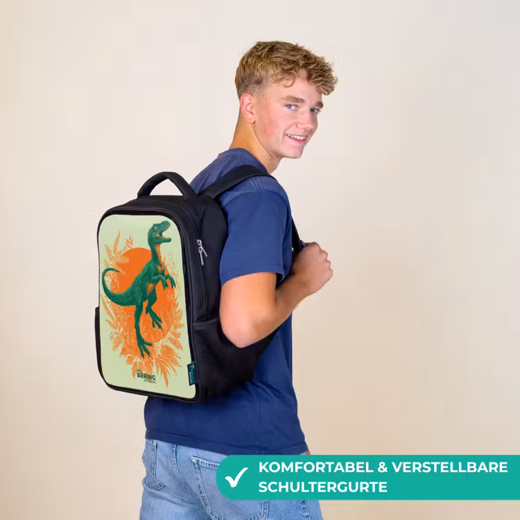 Groene dino tussen varens Rugzak - Zwart middel -sfeer9_DE