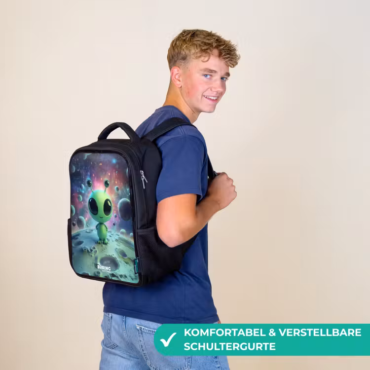 Groen buitenaards wezentje op maanlandschap Rugzak - Zwart middel -sfeer9_DE