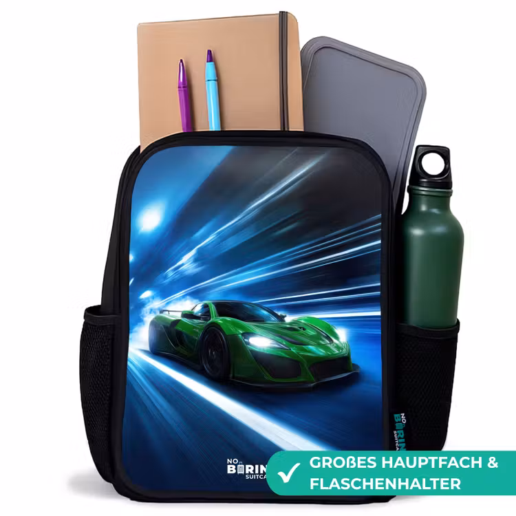 Groene supercar flitst door neonlicht Rugzak - Zwart middel -inhoud_DE